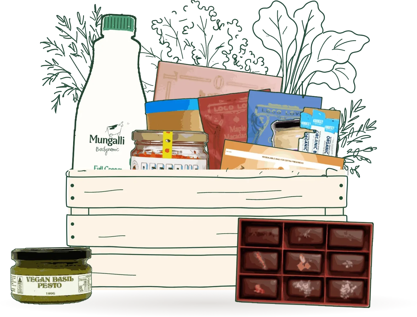 A wooden crate of organic groceries: milk, kimchi, pesto, wraps, chocolate and more
